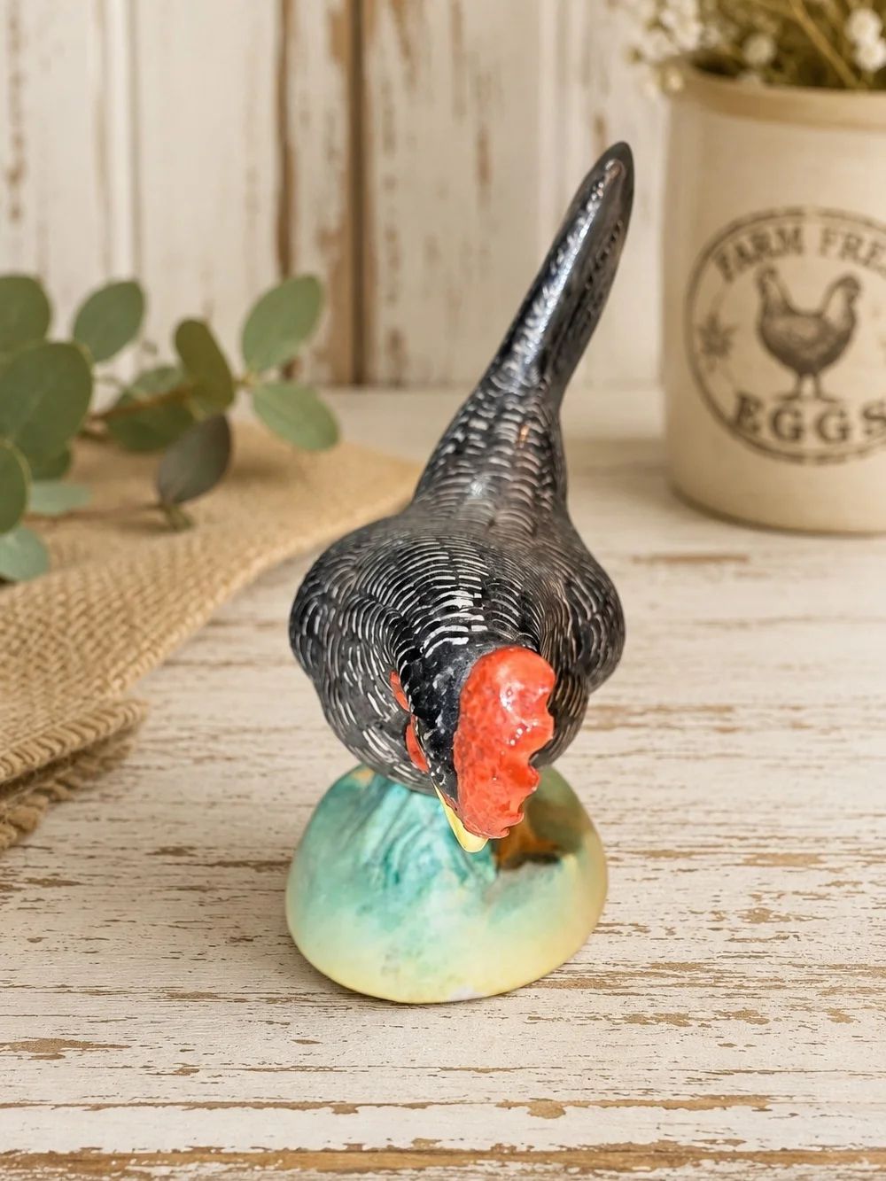 Hand-painted ceramic Scots Grey chicken figurine, designed by Quail Ceramics.